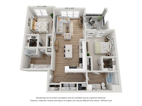Floor plan for 2 beds, 2 baths, 1140 sqft